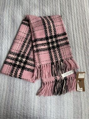 Burberry Pink Plaid Fringe Wool Blend Scarf